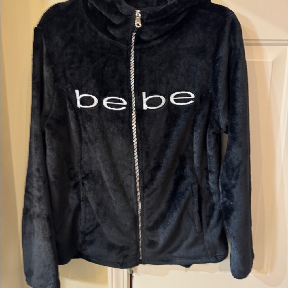 bebe Black Plush Zip Front Hoodie Jacket with Logo size large